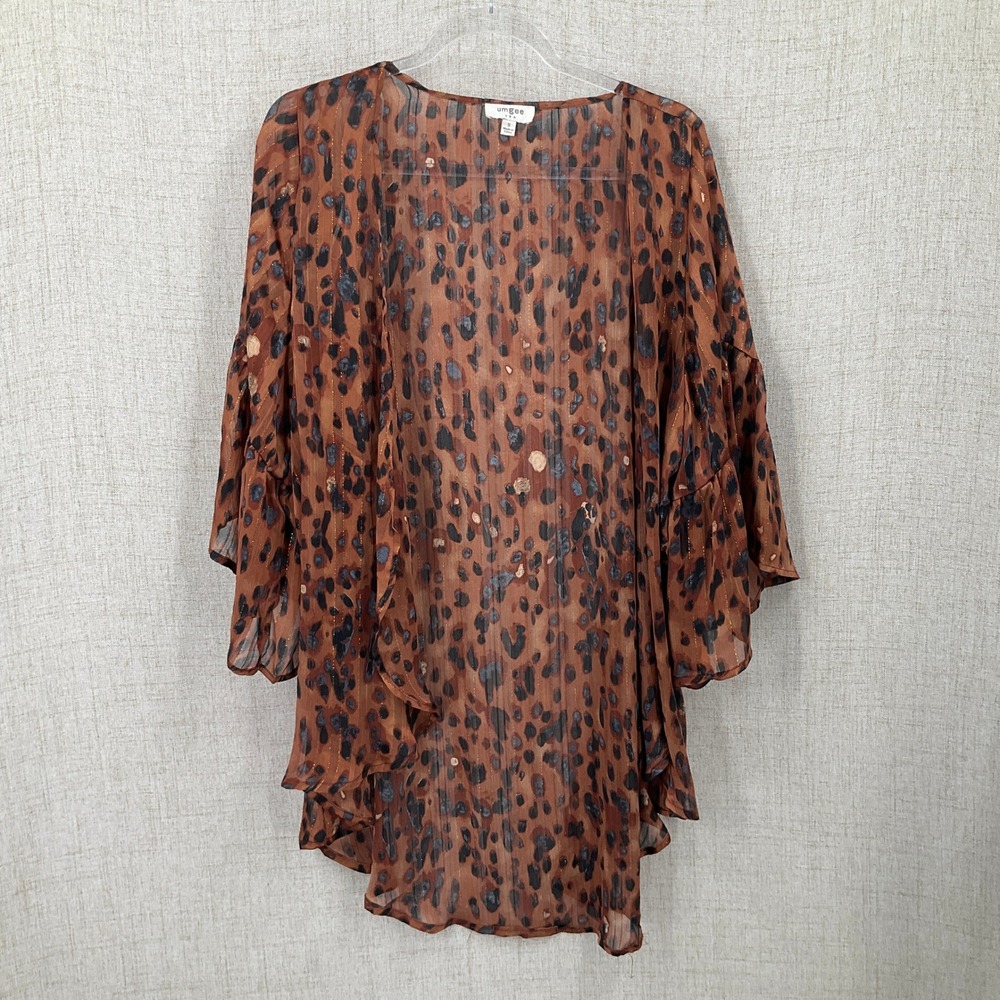 Umgee Kimono Womens S Brown Leopard Print Metallic Ruffle Sleeve Boho Mobwife